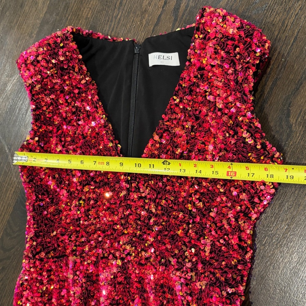 Helsi Jodi Plunging Sequin Mini Dress‎ Women XL Pink Red V-Neck Cocktail - Picture 9 of 10